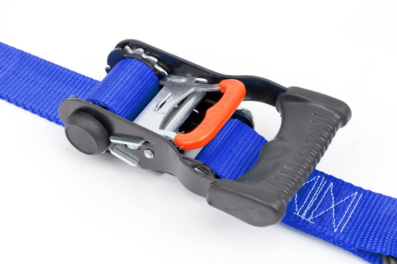 PowerTye 1.5in x 7ft Ergonomic Locking Ratchet Straps with Heavy-Duty S-Hooks - Made in USA - 1,000 lb. Working Load Limit / 3,000 lb. Breaking Strength - Blue (Pair) - Image 2
